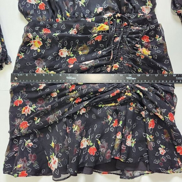 Veronica Beard Black Floral Armeria Dress 10 Chiffon Ruched Sheer Long Sleeve - Picture 9 of 13